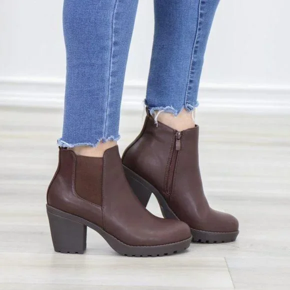Lug Sole Ankle Boots Brown Chelsea Booties - Picture 3 of 15